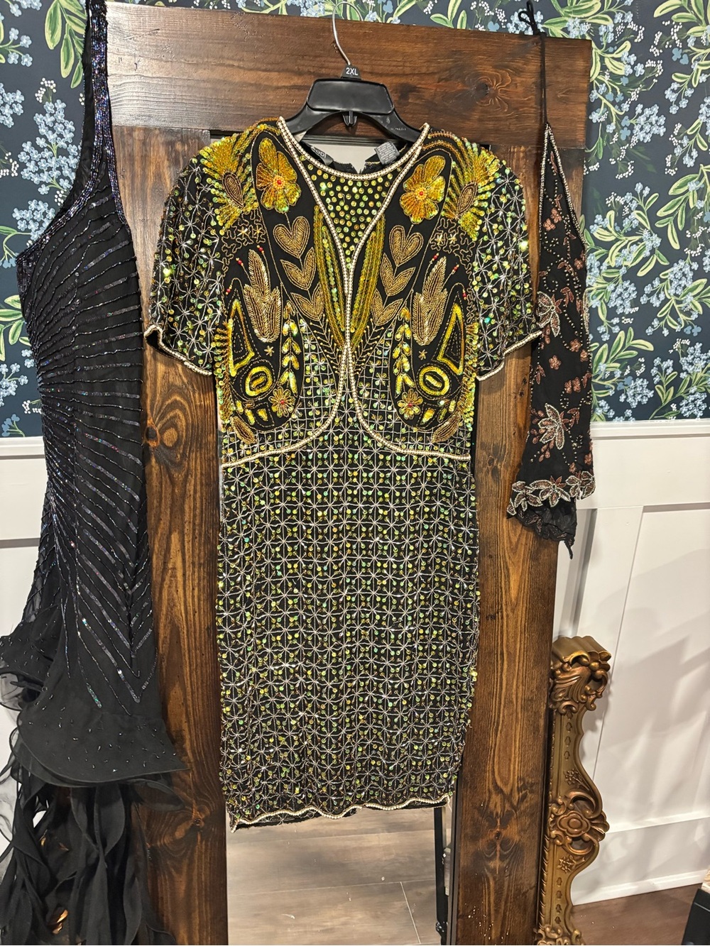 Vintage 80s/90s 100% Silk Black And Gold Party Dress MODI Size Xs (2/4) Beaded